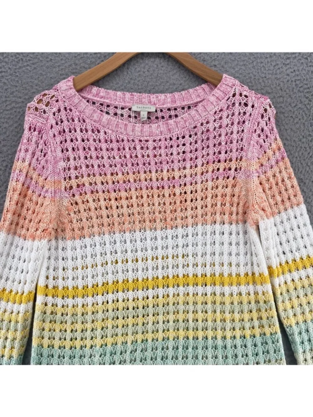 Talbots Sweater Women Small Rainbow Pastel Striped Cotton Chunky Knit Stretch